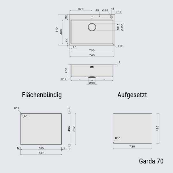 Falmec Spülen Garda 70/50/40/34
