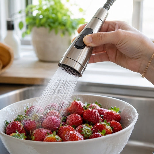 Bedienung der Strahlumstellung an einer ausziehbaren Küchenbrause beim schonenden Waschen von Obst.