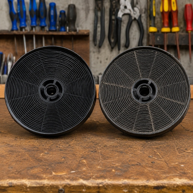 Direkter Vergleich zwischen einem neuen schwarzen und einem verbrauchten Umluft-Kohlefilter.