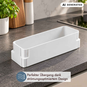 Weißer Kunststoff-Adapter für den Luftkanal einer Dunstabzugshaube mit strömungsoptimiertem Übergang auf einer Küchenarbeitsplatte.
